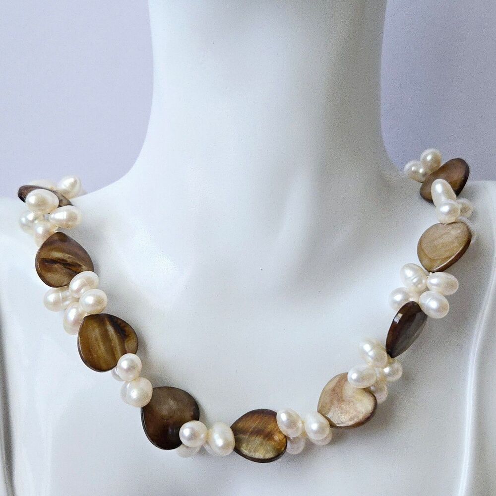 White Freshwater Pearl Flower Necklace & Brown Shell Heart Beads 18" Nature Boho
